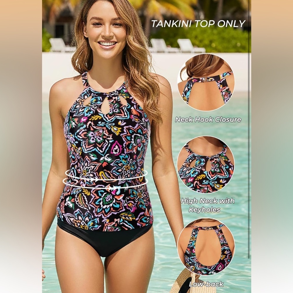 Tempt Me Colorful Paisley High Neck Tankini Top Backless  Key Hole Top Only L - Picture 3 of 9